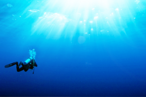 Buzo en aguas azules.