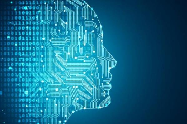Perfil humano formado por dígitos binarios y circuitos electrónicos.rsona analizando la información de un proyecto.